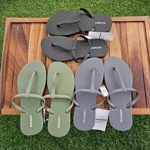3 Pairs of Old Navy T-Strap Flip-Flops Green, Grey and Black